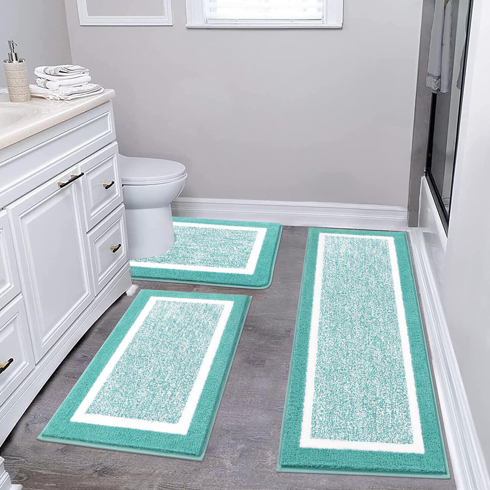 Pauwer - Juego de 3 alfombras de baño antideslizantes, absorbentes y peludas, incluye contorno de váter en forma de U, para baño, dormitorio, sala de estar, verde azulado