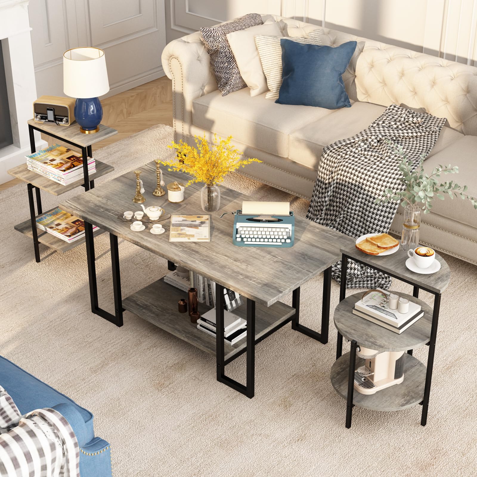 Lamerge Coffee Table Set of 3, Faux Marble Tabletop