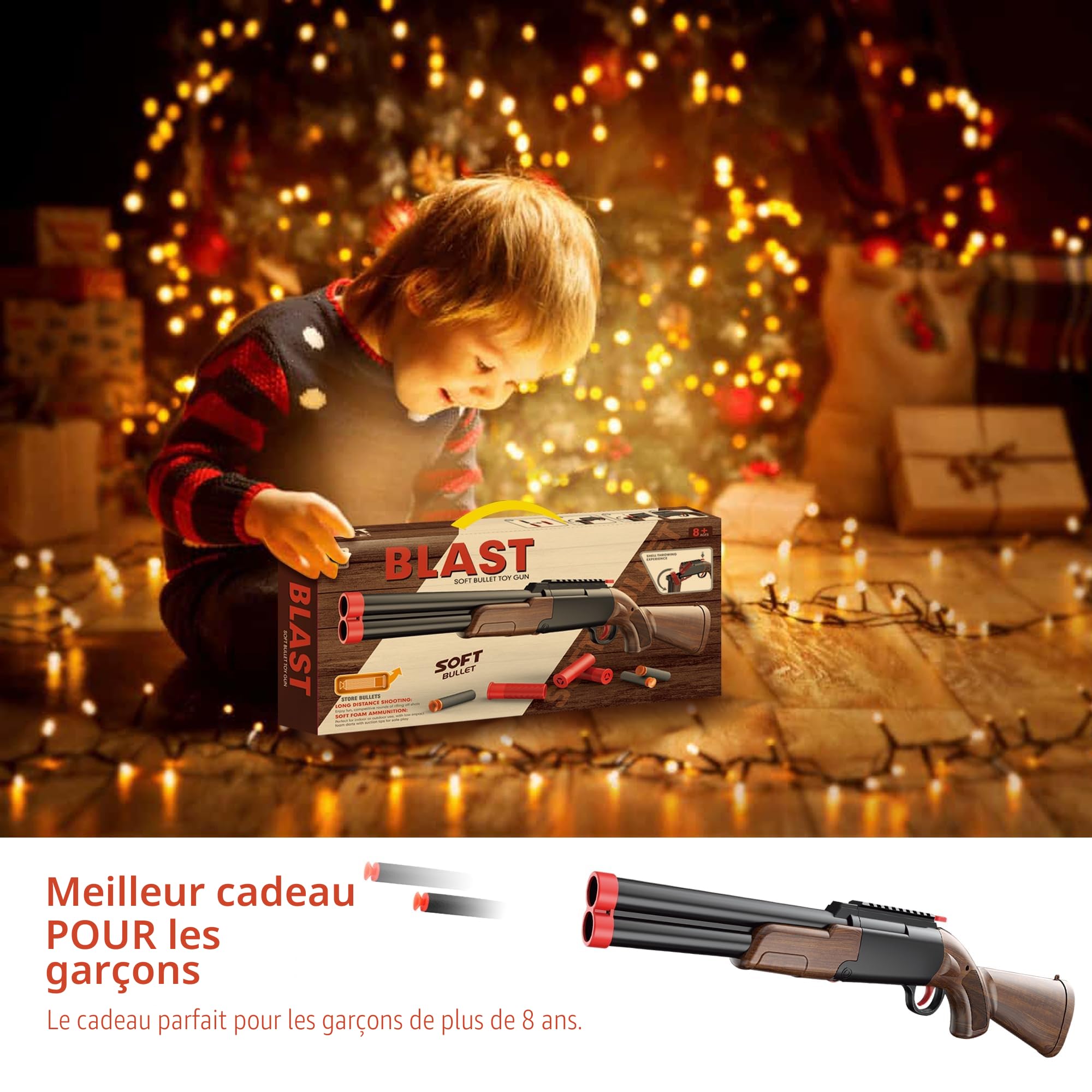 Jouet Fusil de Chasse à Double Canon, Blaster en Mousse EVA et 80 Balles Souples et 12 Cartouches éjectables, Cadeau d'anniversaire de Noël de Jouet de Fléchettes pour Garçon de Plus de 8+ Ans（Brun）