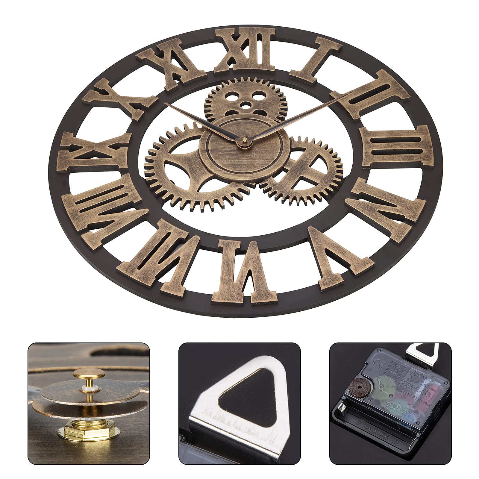 ACCSHINE Reloj de Pared Grande Salon Madera 60 cm Dorado Engranajes Industrial Silencioso Vintage Reloj de Cuarzo Números Romanos para Bar Cafetería