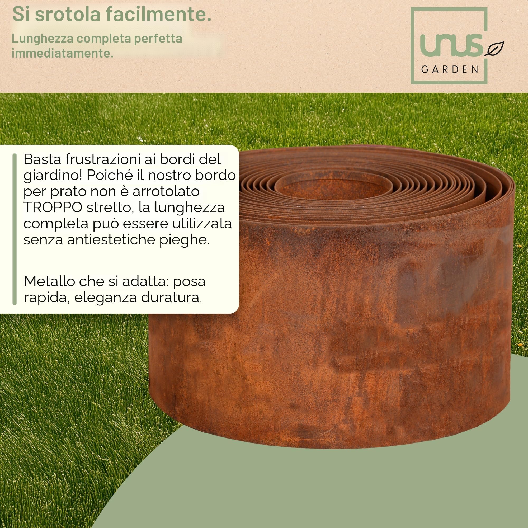 UNUS Bordo per prato, in acciaio corten, liscio, 10 m x 10 cm, flessibile, effetto ruggine, per aiuole, prati e sentieri
