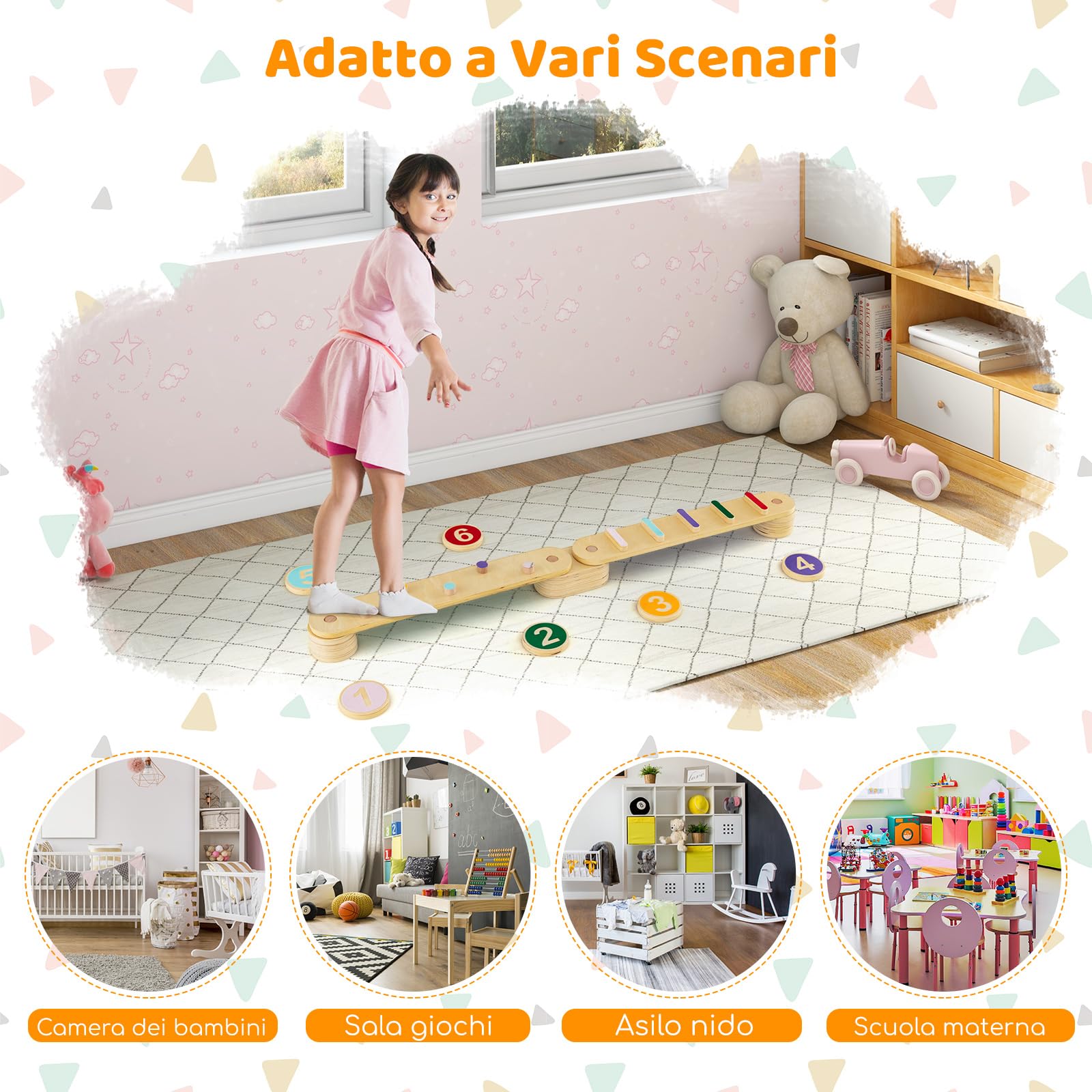 COSTWAY Trave di Equilibrio per Bambini, Giocattoli Montessori in Legno con Pietre di Passaggio, per Allenamento Sensoriale e Bilanciamento per Bambini 1 Anni+