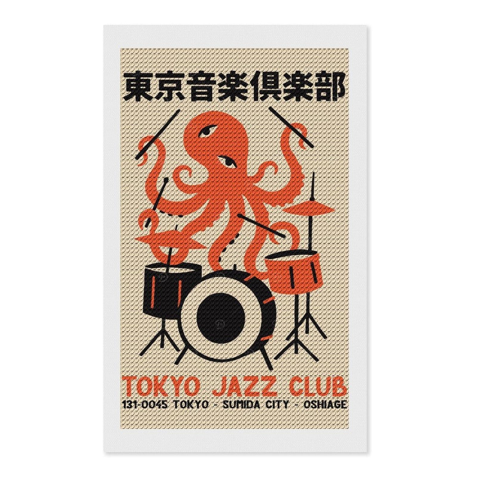 Junmoney Tokyo Jazz Club Octopus Drummer Round Drill Diamond Painting 12"x20", Satisfying Creative Project, Complete Accessories, Printed Canvas
