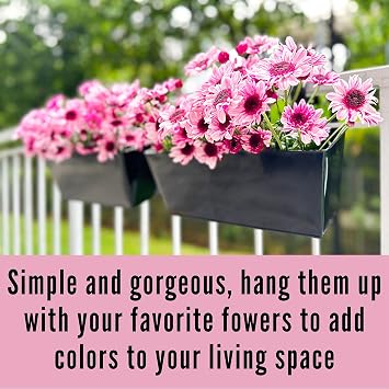 LaLaGreen Large Rail Planter (16 in, 3 Pack) Black Metal Deck Fence Pots | Deck rail planters large balcony fence patio porch outdoor plants, iron hanging trough herb garden flower pots holder