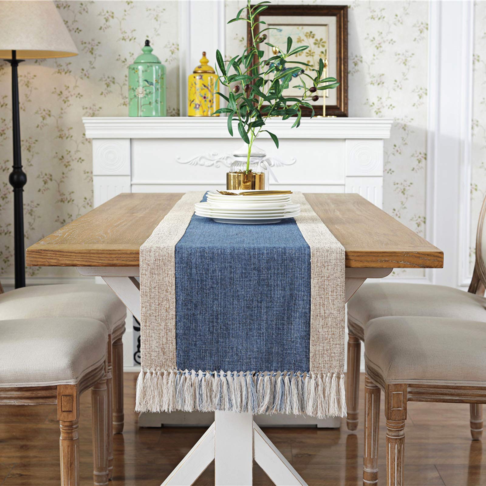 LIZHAIMING Rustic Table Runners with Tassels Long Linen Cotton Coffee Dining Table Cloth Runners Non Slip for Home Kitchen Party Wedding Decorations, Machine Washable,Dark Blue,38x220cm