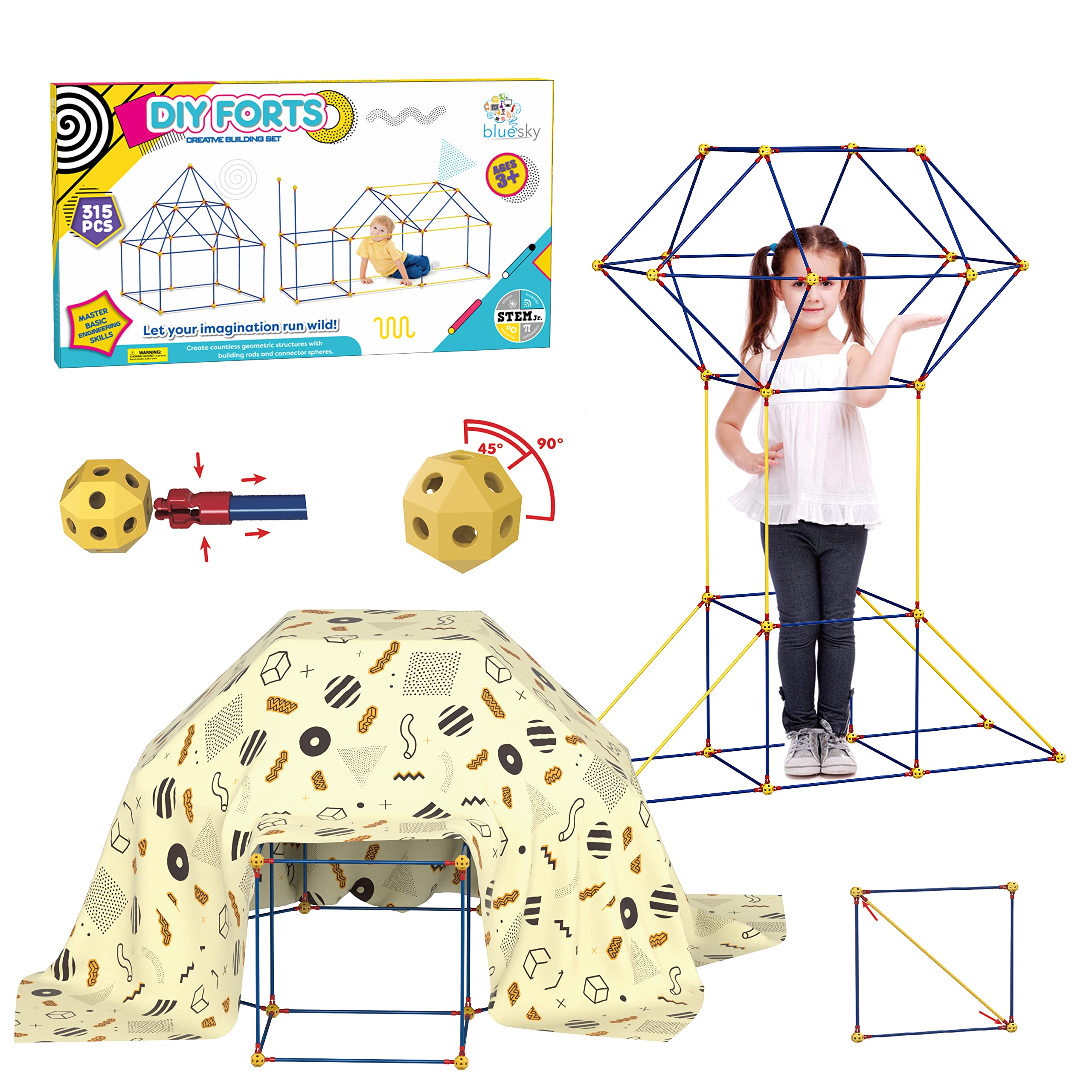 Bluesky DIY Forts Creative Building Toy (315 Pieces) with Click System, Plug-in Bar Kit with Cross Bars: Construction Game: XXL Play Tent, Cave, Rocket and Much More, Boys and Girls from 5 Years