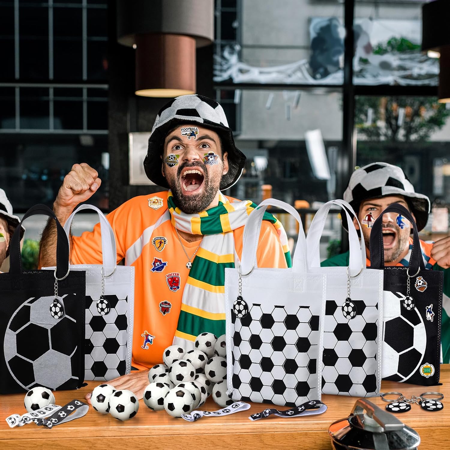 168 Pcs Soccer Party Gift Supplies Set Bulk, 24 Mini PU Foam Soccer Balls, Non Woven Bags, Keychain, Hairbands, Necklace, 48 Stickers Goodie Bag Fillers for Sports Birthday Decors Gifts - Image 2