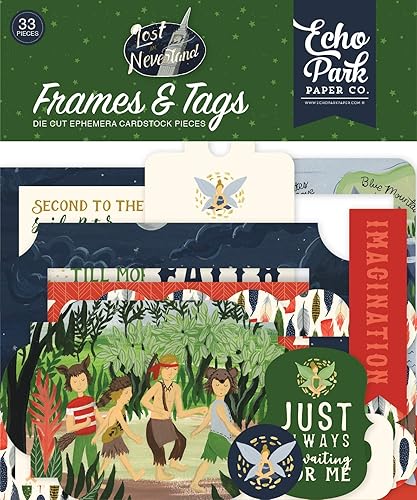 Echo Park Paper Company Lost in Neverland Marcos y etiquetas efímera, azul marino, verde, rojo, oro