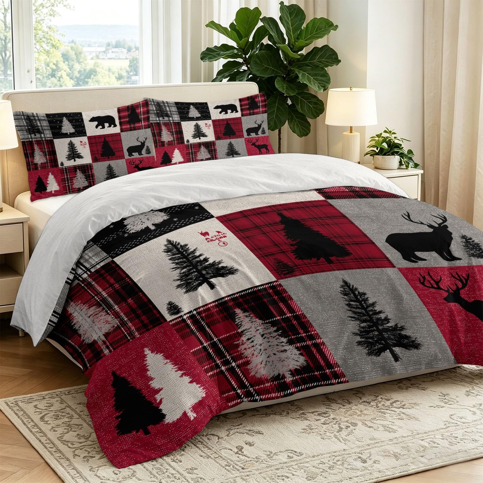 King American Country zestaw pościeli z poszewkami na poduszki, ultrasoftowa mikrofibra, luksusowa, nie wymaga prasowania, z zamkiem błyskawicznym, bożonarodzeniowa, patchworkowa, tartan