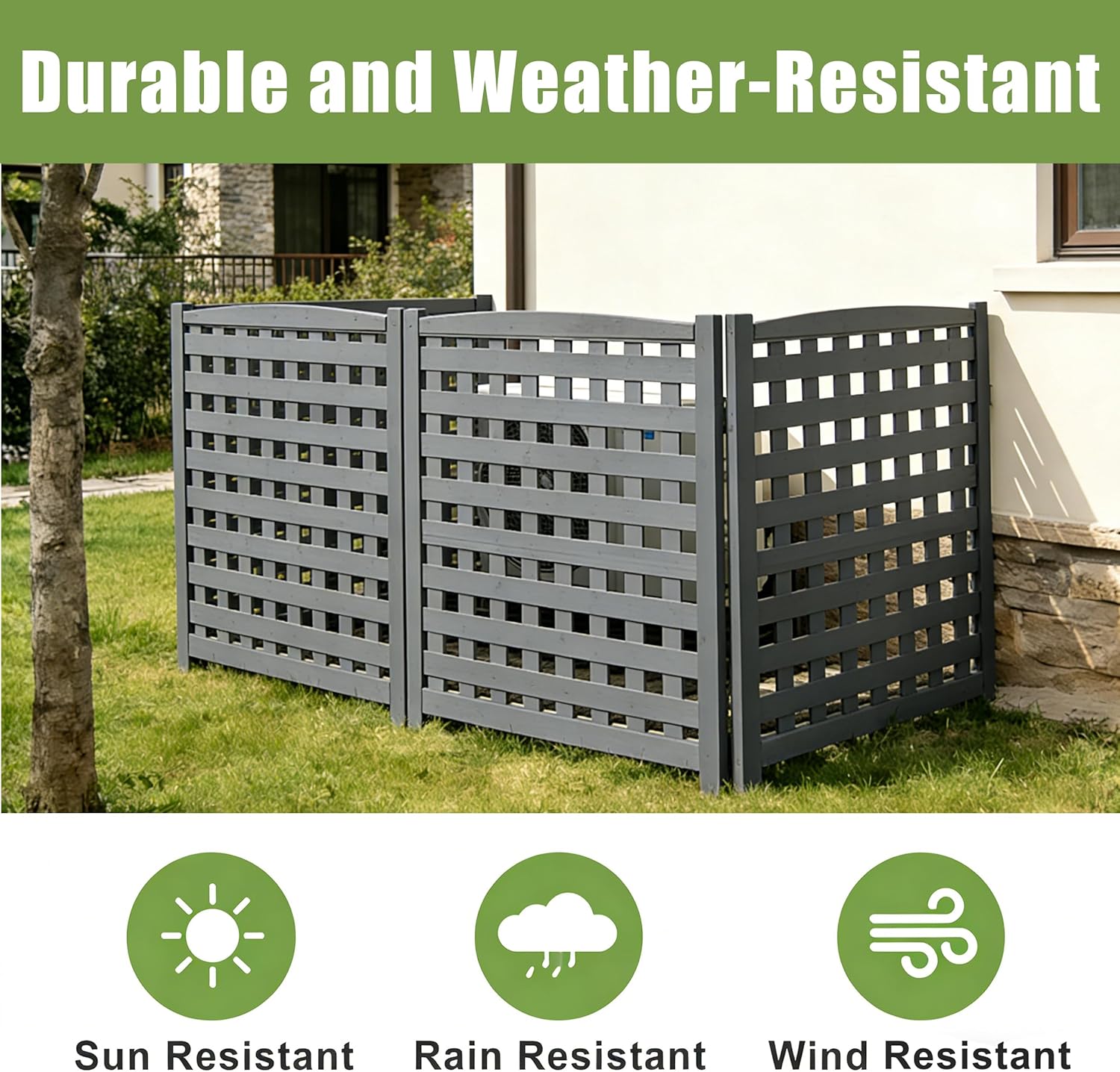 3 Panel Air Conditioner Fence, 32W x 38H Trash Can Fence Screen for Outside Unit, Pool Equipment Enclosure,Privacy AC Fence Panels with for Garbage Outdoor, Gray, Wood