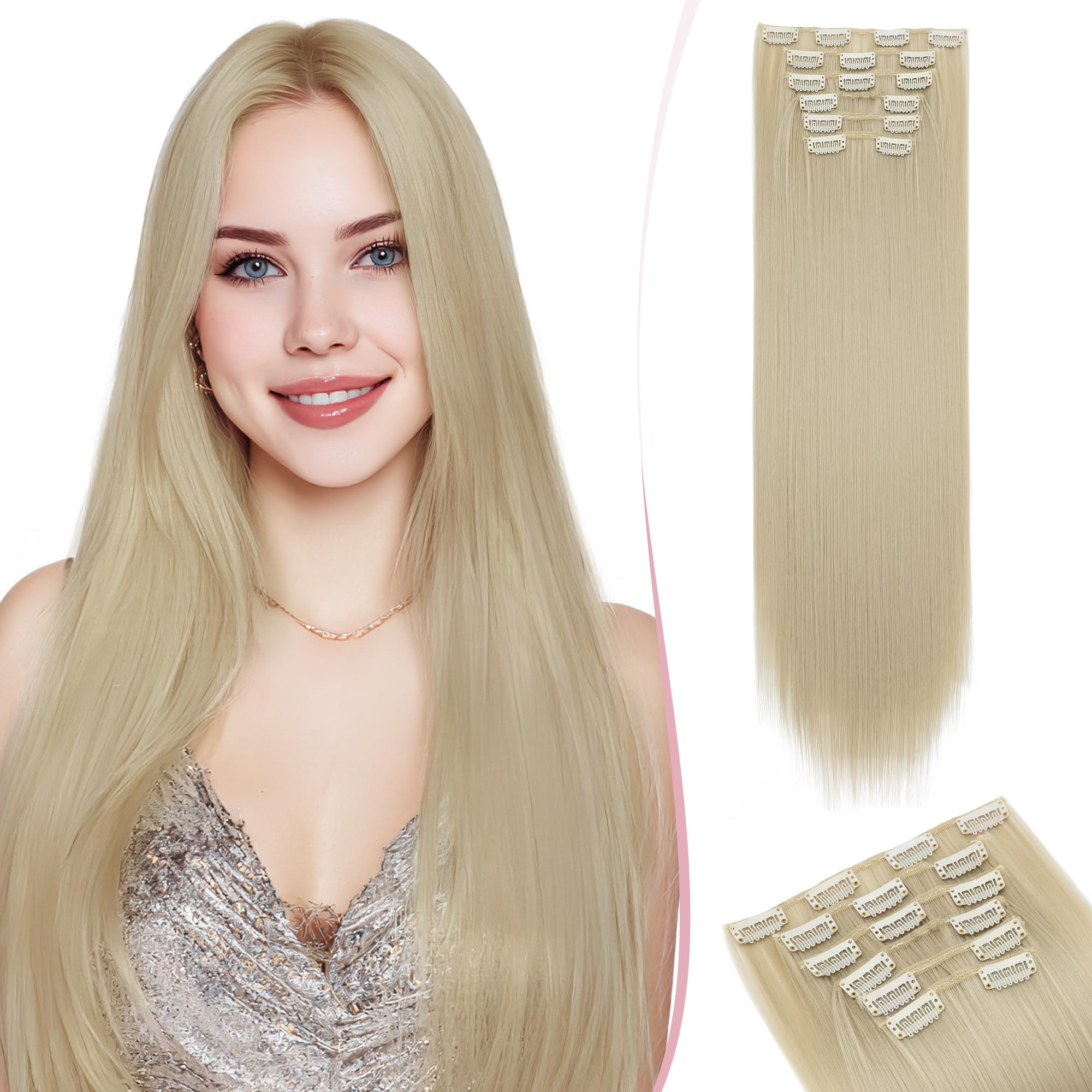 SEGO Clip In Hair Extensions 24 Inch 6PCS Thick Clip In Hair Hairpieces 150g Long Straight Hair Extension Synthetic Full Head for Women Pale Blonde