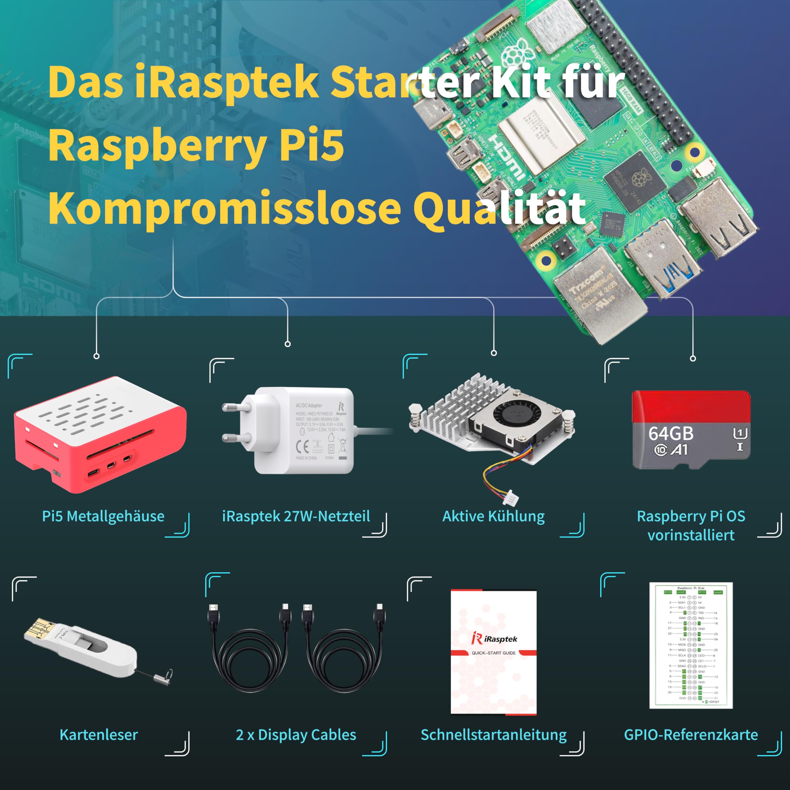 iRasptek Starter Kit for Raspberry Pi 5-64GB Edition von OS-Bookworm vorinstalliert (Rote und weiße Gehäuse) (16GB-64GB)