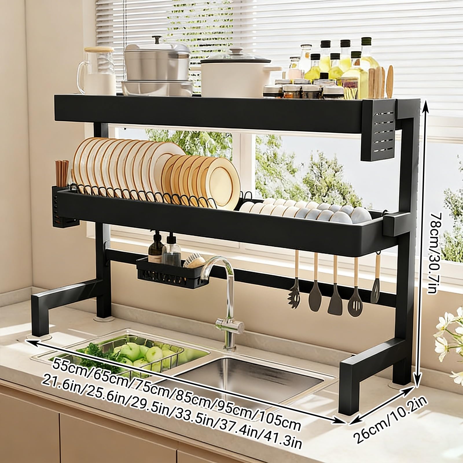 Escurridor de platos, diseño de 2 niveles que ahorra espacio, acero al carbono con soporte extraíble para cubiertos, organizador de secado sobre fregadero para platos, vasos y utensilios
