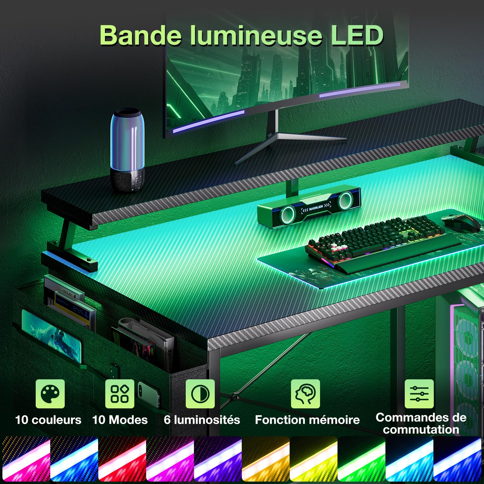 Coleshome Bureau d'angle avec Lumières LED, 120x80cm Bureau Gaming Angle avec Port de Charge USB et Prise de Courant, Bureau Gamer en L pour Domicile, Carbone Noir