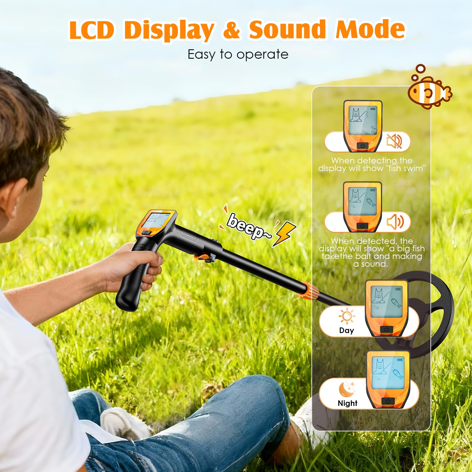 Detecteur Metaux Enfant, Léger Detecteur de Metaux Enfant avec Tige Réglable de 66 à 83 cm, écran LCD et Disque de Recherche étanche, Détecteurs de Métaux pour Enfants avec Pelle Râteau Tamis Sac