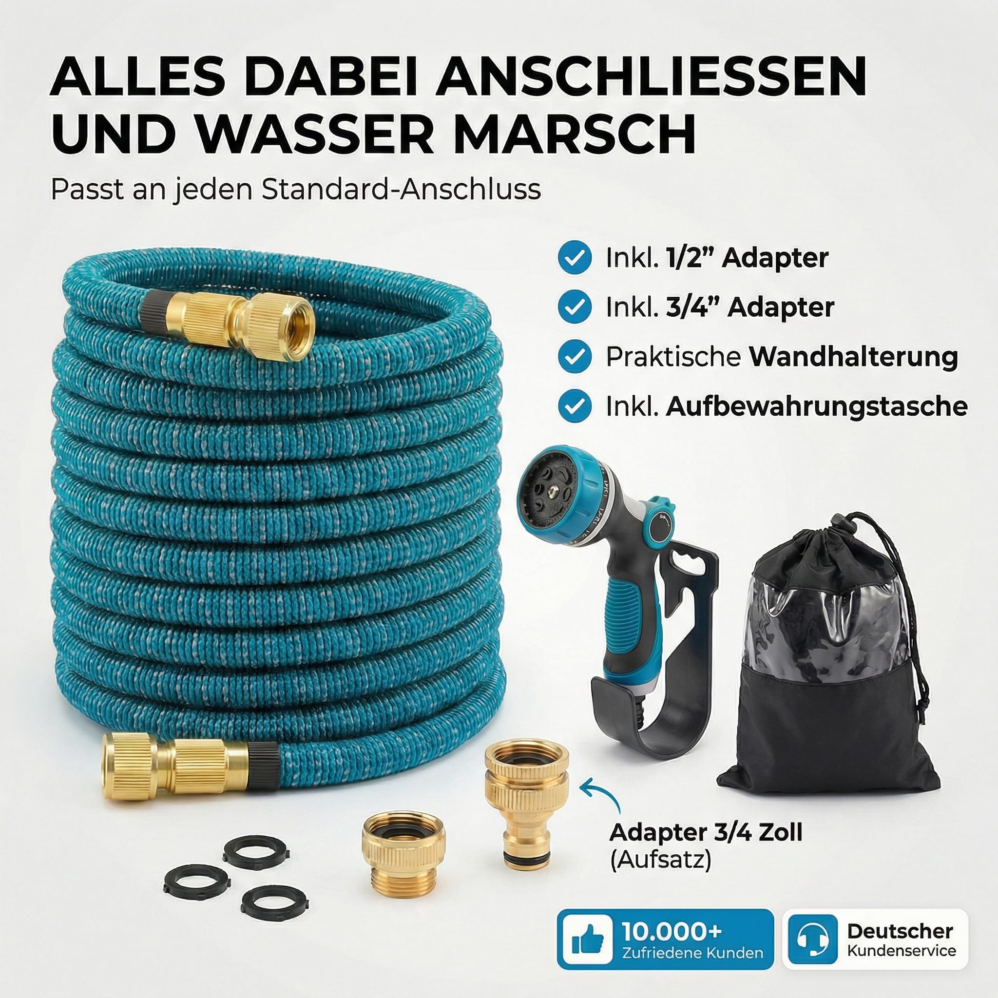 TIREX by xonic® Flexibler Gartenschlauch mit 10 verschiedenen Strahlarten – leichter Wasserschlauch flexibel mit 3-fach Latexkern – dehnbarer Flexschlauch/Gartenschlauch flexibel (Blau, 7,5m)