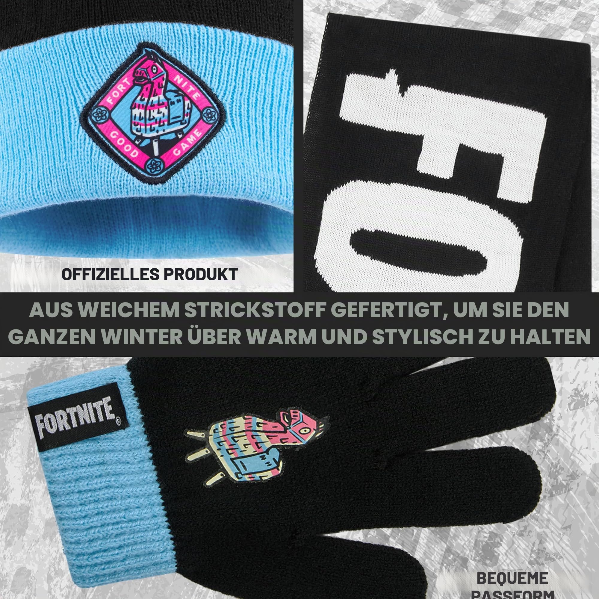 Fortnite Mütze Kinder Handschuhe Schal Set, 3-in-1 Beanie Jungen, Weich & Warm, Lizenziert, Gamer Geschenke für Jungs