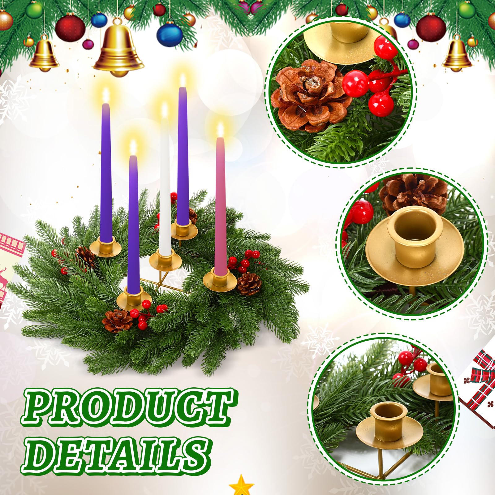 LemonRoad Juego de 2 coronas de Adviento de Navidad de 12 pulgadas, 5 portavelas, decoración de centro de mesa de Navidad con conos de pino, tallo de bayas de acebo para Navidad, decoración del hogar