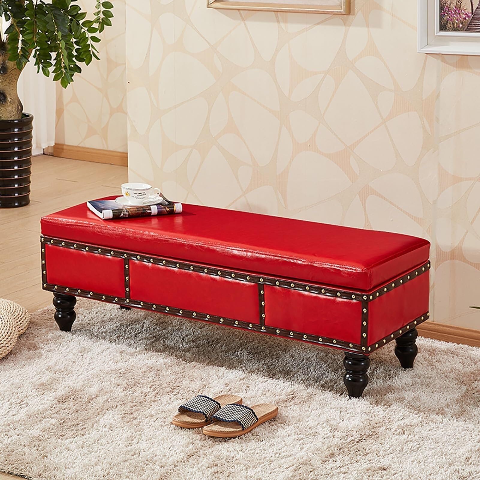 Taburete banco tapizado con almacenamiento y patas de madera para zapatos