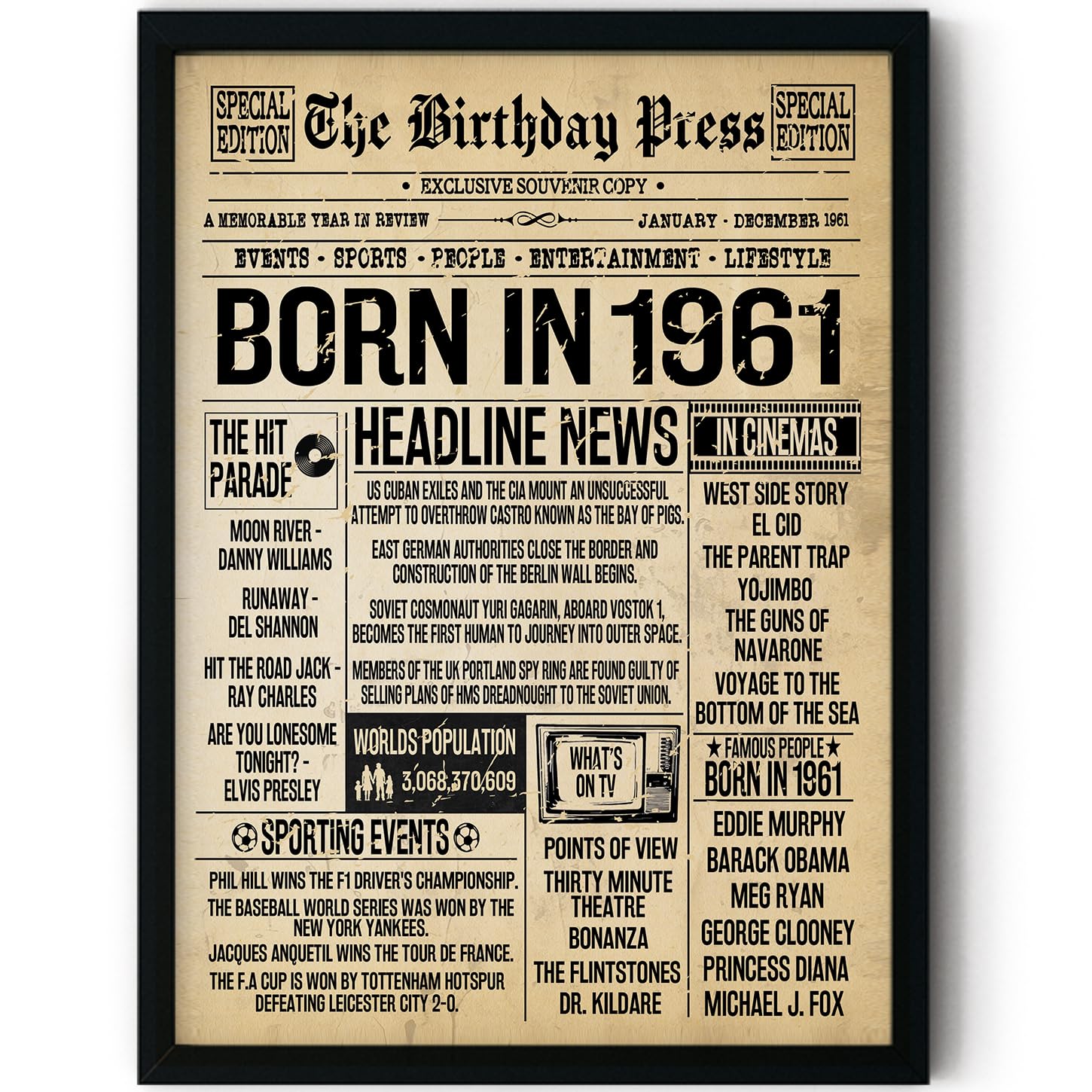 Stuff4 Women's 1961 65Th Birthday Poster Framed - Born In Vintage Newspaper - Happy 65Th Birthday Gifts For Men Retro Back In 8X10 Inch Decor Decoration Bday Party