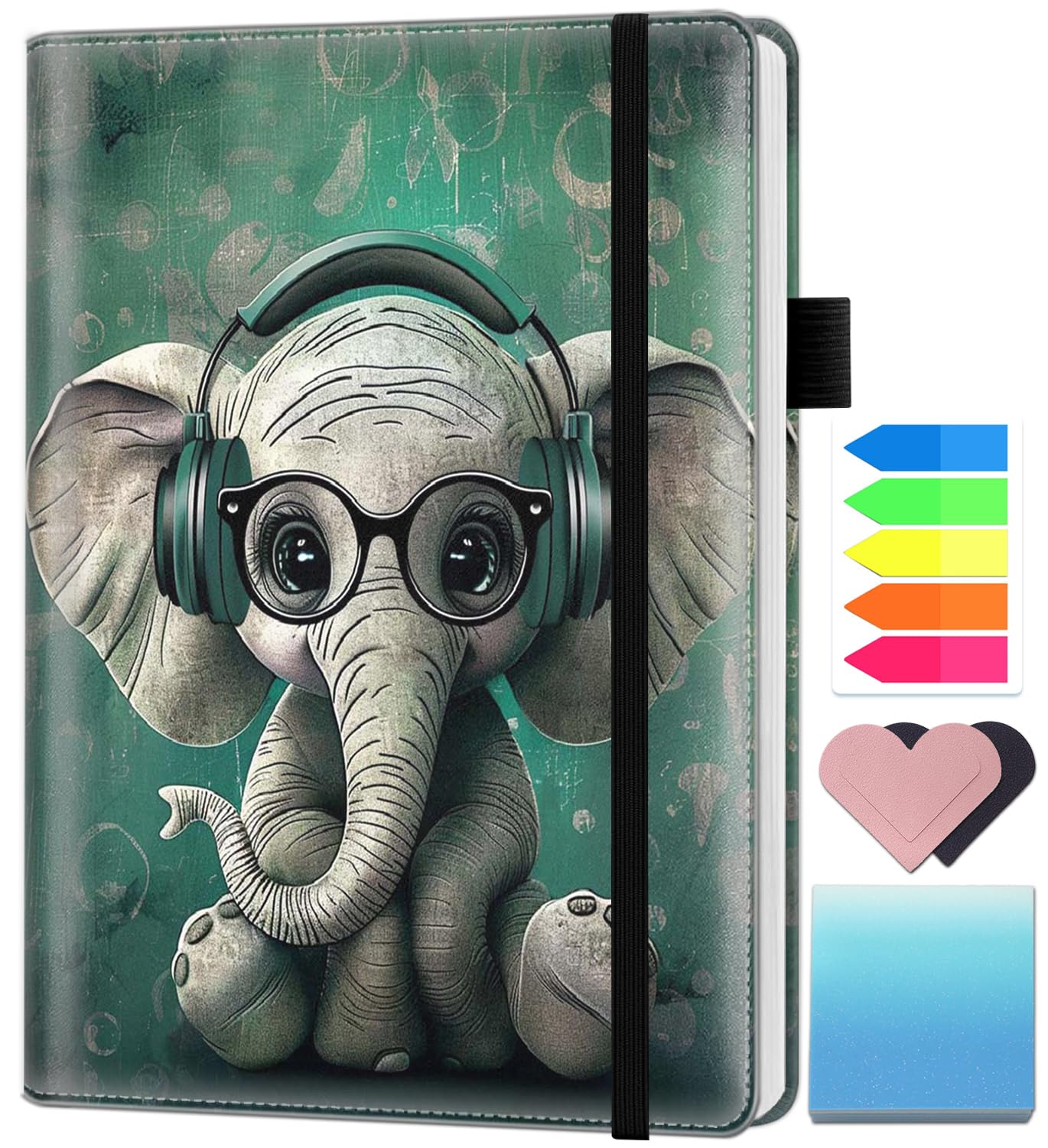 A5 Leather Lined Journal Notebook, 200 Pages Hardcover Executive Notebook for Men Women Office School Note Taking, Thick Writing Paper Daily Journal with Bookmarks/Indexes, Cool Elephant