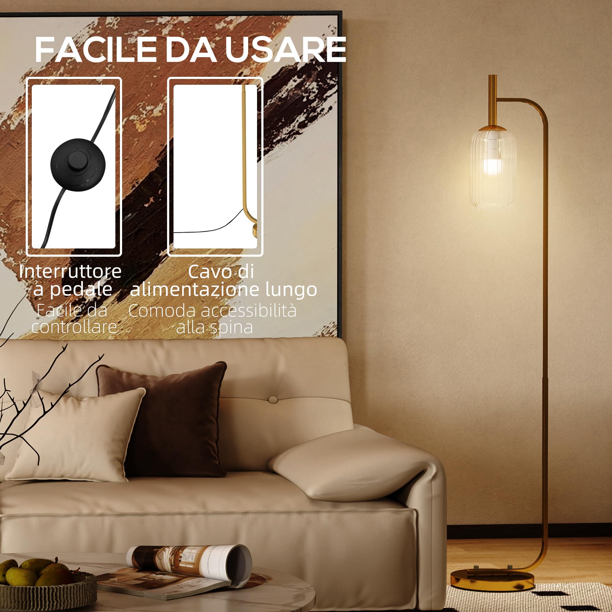 HOMCOM Lampada da Terra Moderna con Paralume in Vetro, Lampada a Piantana con Interruttore a Pedale per Lampadine E27 LED, per Soggiorno, Camera da Letto e Ufficio, 153cm, Oro