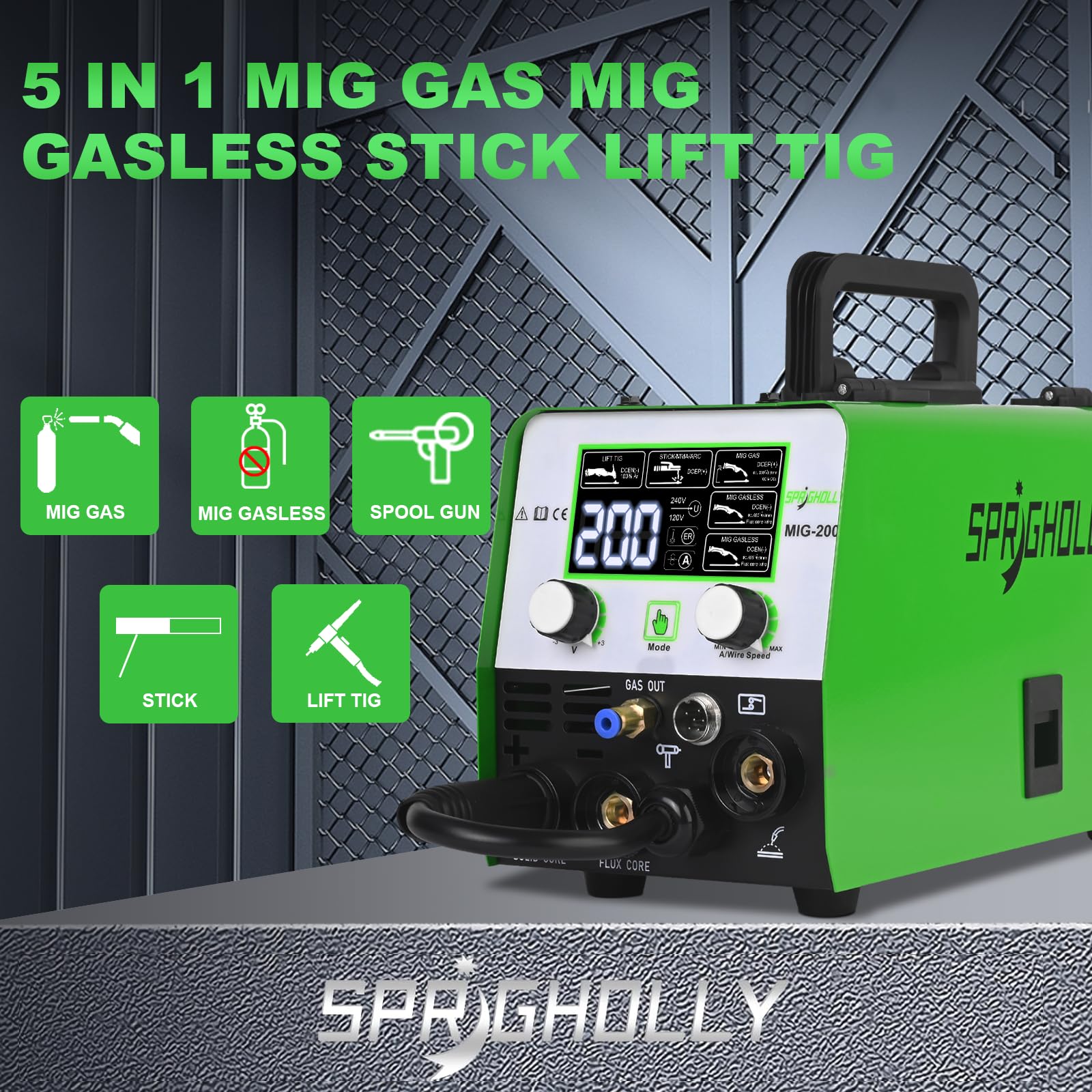 200A 240V 5-in-1 Schweißgerät: MIG/MAG, Fülldraht ohne Gas, MMA, Lift TIG – kompatibel mit Spool-Gun, synergische Steuerung, IGBT-Inverter, LED-Display – für Profis und Heimwerker