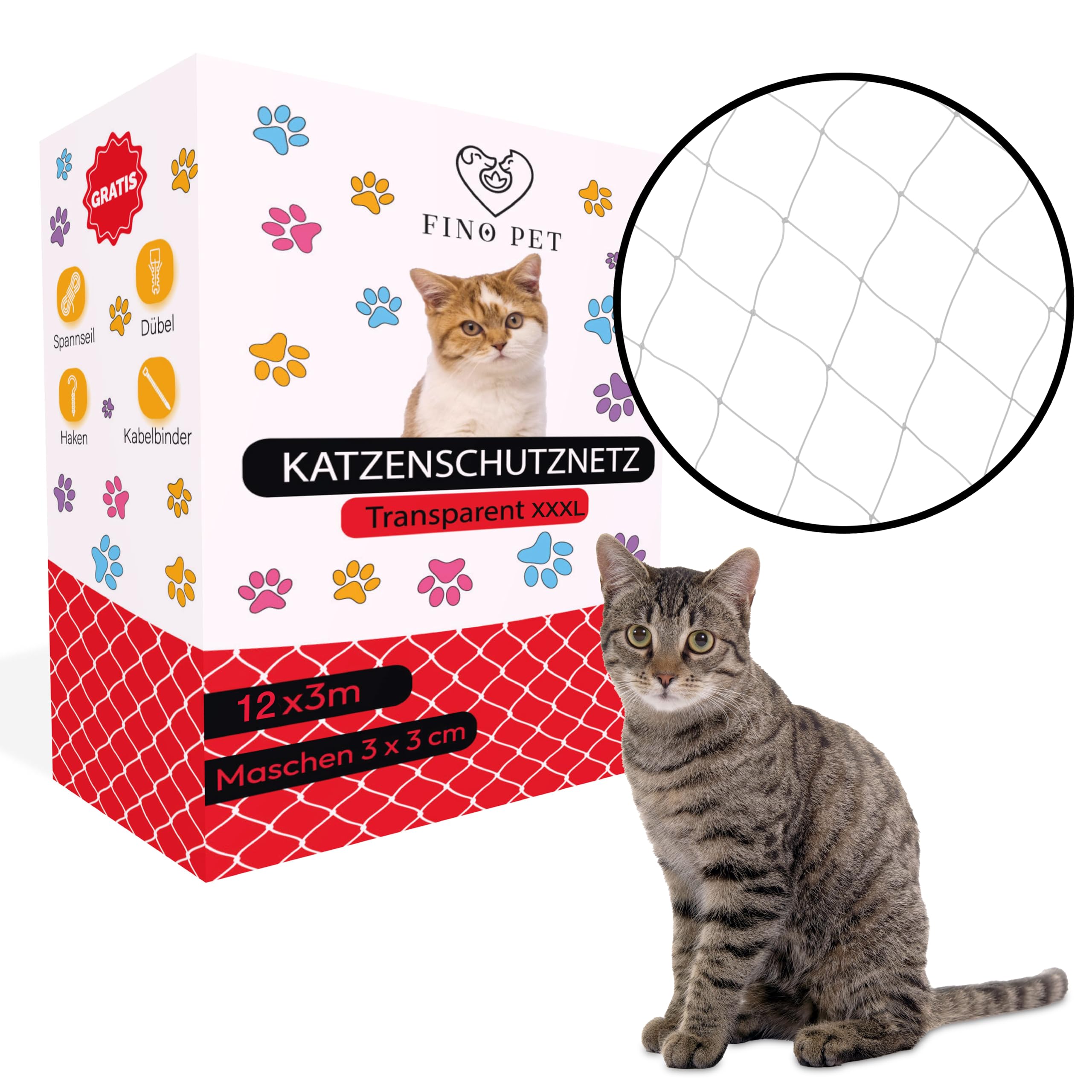 Katzennetz 12x3 Meter für Balkon transparent inklusive Befestigungsmaterial, Katzenschutznetz Katzengitter Schutznetz Sicherheitsnetz Balkonnetz für Katzen, Katzennetz für Balkon ohne Bohren