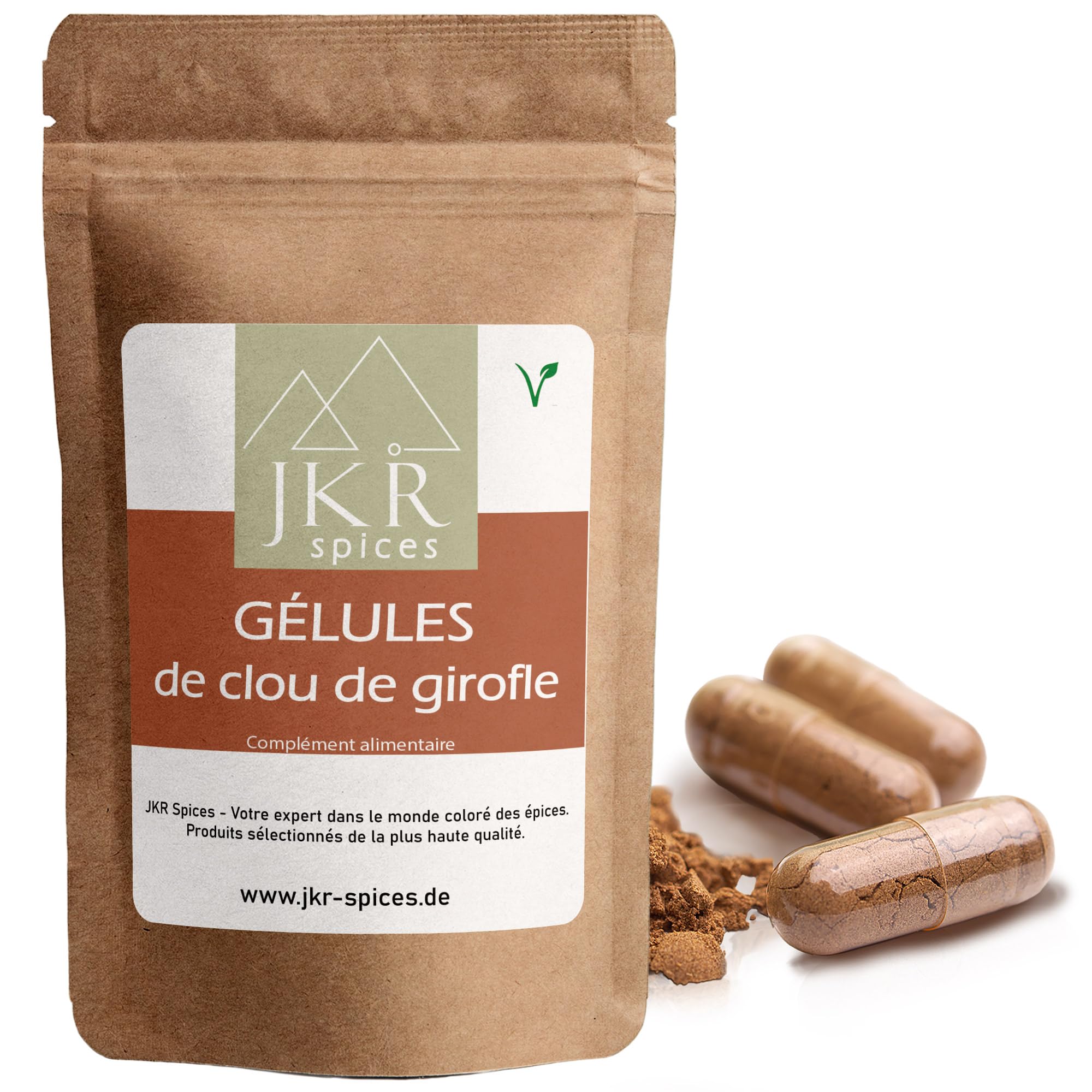 JKR Spices Lot de 420 capsules végétaliennes de clou de girofle – Capsules végétaliennes remplies de poudre de clou de girofle de haute qualité – Hautement dosées – 450 mg de clous de girofle moulus –