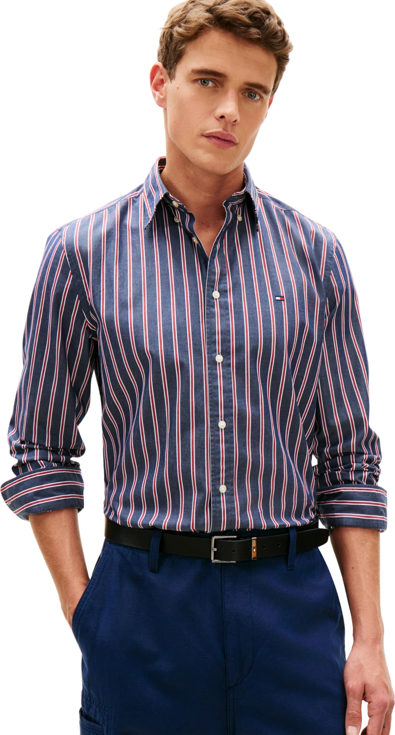 Tommy Hilfiger Flex Poplin Bold Stripe RF Shirt Mw0mw39159 Chemise L/S Homme (Lot de 1)