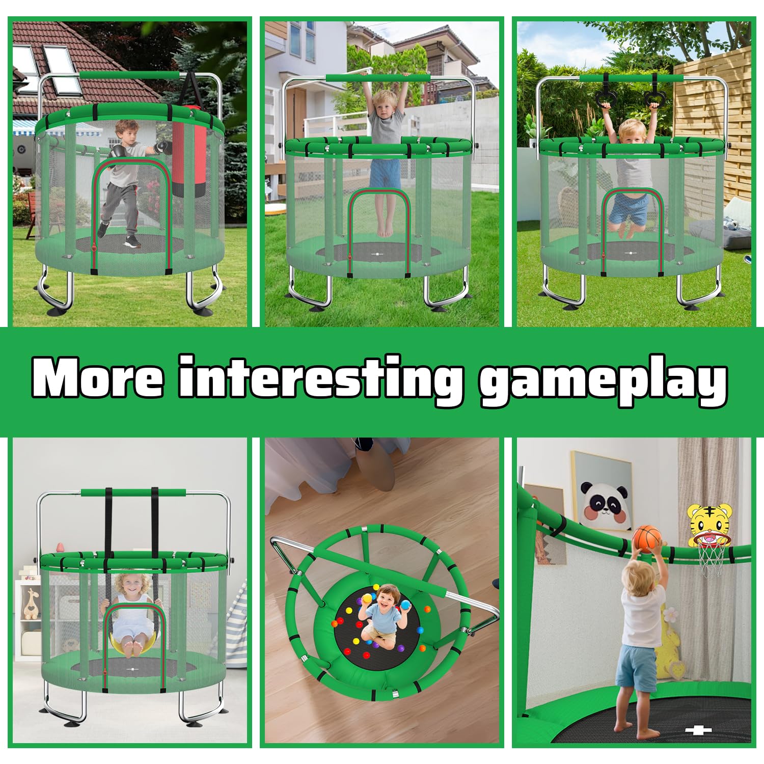 Trampoline pour Enfants 140 cm intérieur/extérieur – Charge maximale 50 kg avec Filet de sécurité, Barre de Gymnastique réglable et Panier de Basket, Cadeau pour garçons et Filles