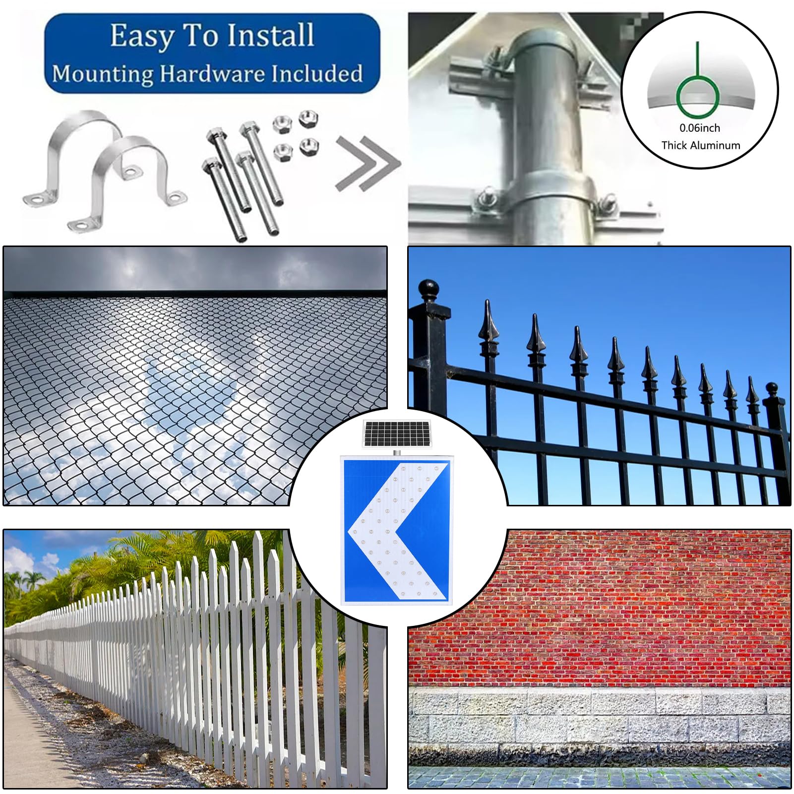 señal de Calle metálica led Intermitente con Accesorios de Montaje y película Reflectante de Grado Industrial, energía Solar, Aluminio Impermeable