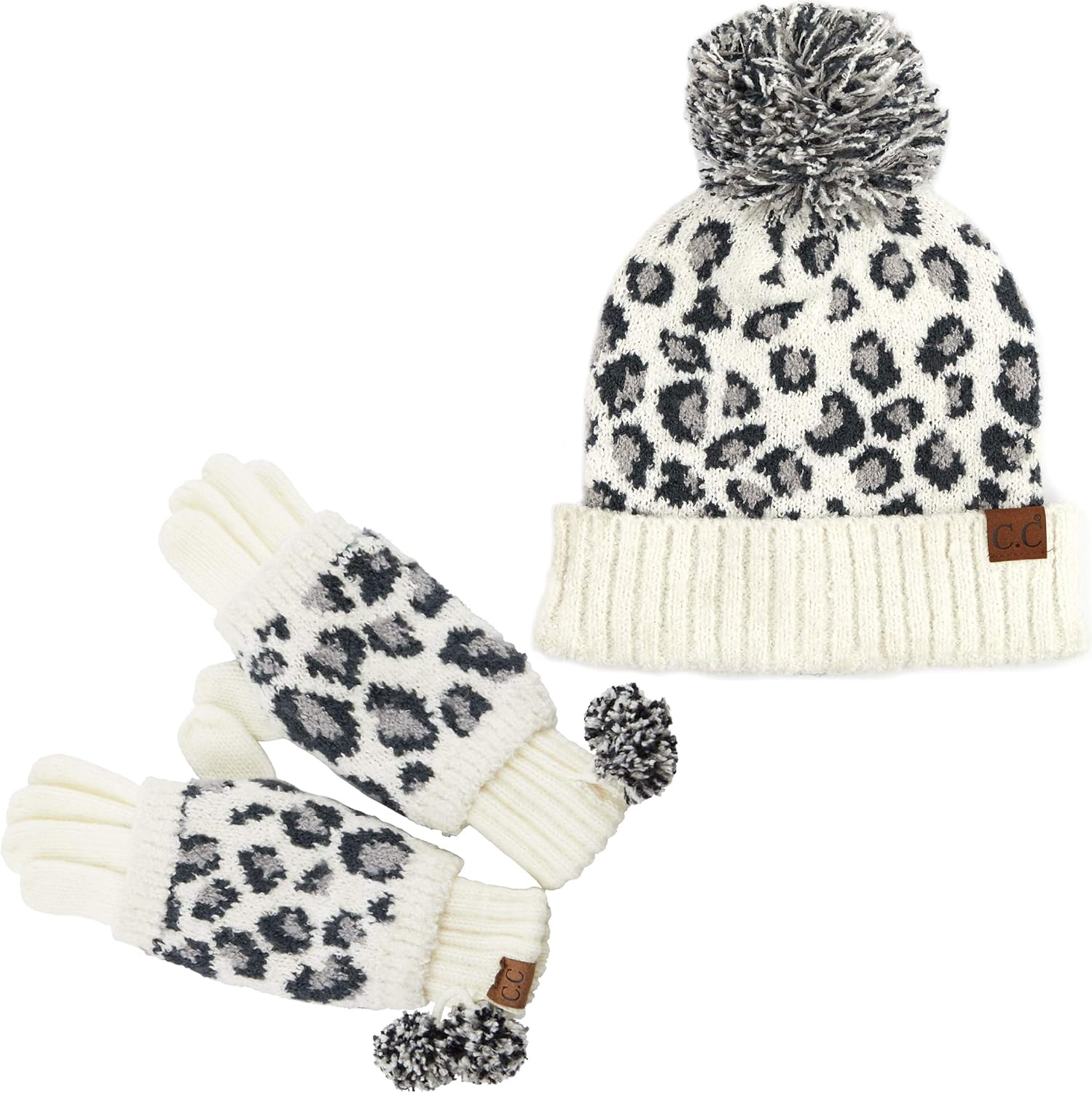 Funky Junque Women’s Leopard Print Pom Beanie & Gloves Set – Cozy Knit Winter Hat, Stylish Cheetah Cold Weather Accessories - Image 3