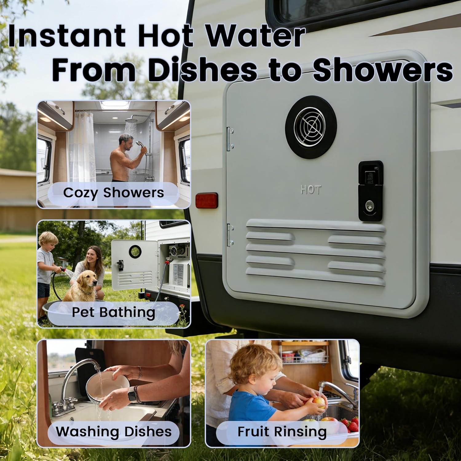 Tankless RV Water Heater, 42000BTU Instant Hot Water System, 15x15 Inch White Door, Compatible with Most RVs for Shower, Dishwashing & Outdoor Use