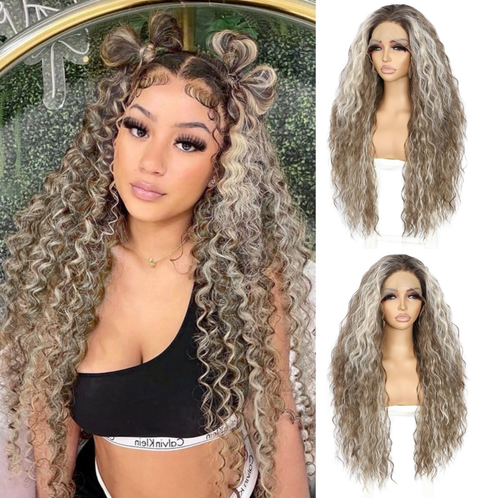 SAPPHIREWIGS Brown Curly Lace Front Wig Water Wave Curly Wigs for Black Women Highlight Light Brown Hair Synthetic Heat Resistant Wig for Daily Party