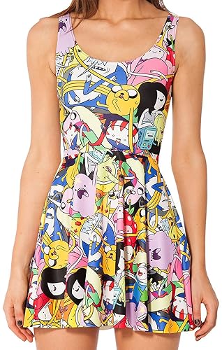 QZUnique Women's Cartoon Printed Stretchy Sleeveless Pleated Fit and Flare