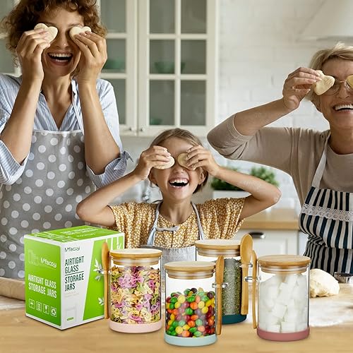 Miniatura 6 de Mfacoy Juego de 4 tarros de vidrio herméticos con tapas y cucharas de bambú, recipientes de vidrio de borosilicato de 17 onzas, recipiente