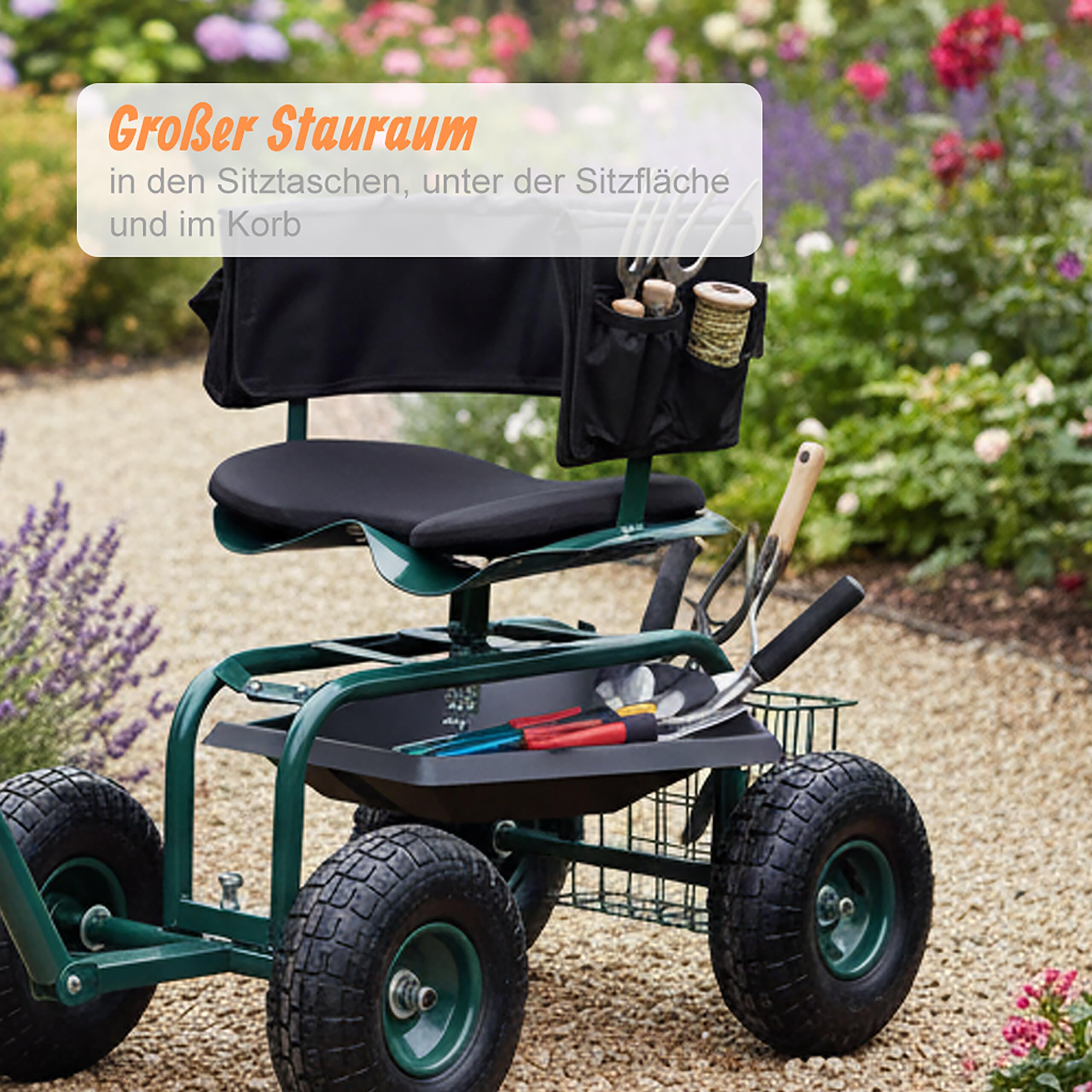 Relaxdays fahrbarer Gartensitz, höhenverstellbar, 150 kg, Stauraum, Lenkstangen, Sitzkissen, Lehne, Gartenwagen, grün