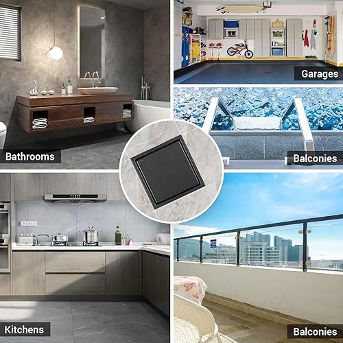 Miniatura 6 de ELLO&ALLO Drenaje de ducha cuadrado de 6 pulgadas, color negro, con brida, cubierta reversible 2 en 1, rejilla extraíble de acero inoxidable SUS304,