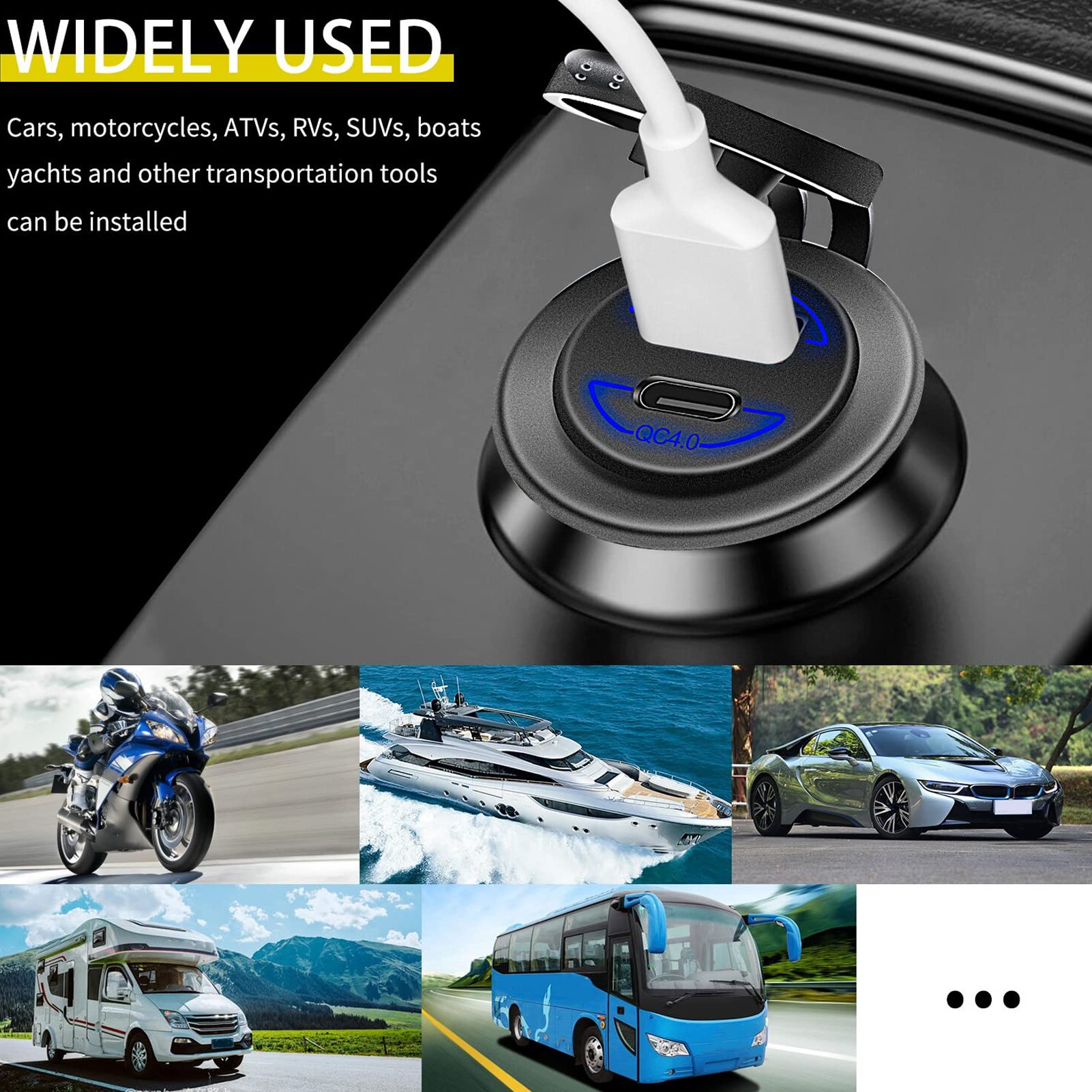 Caricatore a porta USB per auto Grcfumo, ricarica rapida da 12 a 24V 60W con terminale blu, adattatore di accendisigari per motocicli per barche per (Caricatore con cavo 60 cm/23.6in)