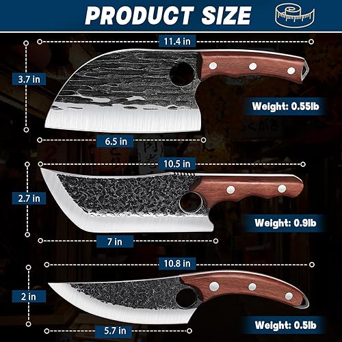 Miniatura 6 de TAN REN Juego de 3 Cuchillos de Carnicero para Cortar Carne, Cuchillos Cuchillas de Carnicero Forjados a Mano con Mango de Madera, Juego de