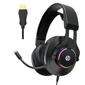 HP USB PC Gaming Headset with Microphone- 7.1 Virtual Surround Sound Game Headphones with Noise Cancelling Mic -Breathable Leatherette Memory Foam Earpads LED RGB Backlit for Computer/Laptops/PC