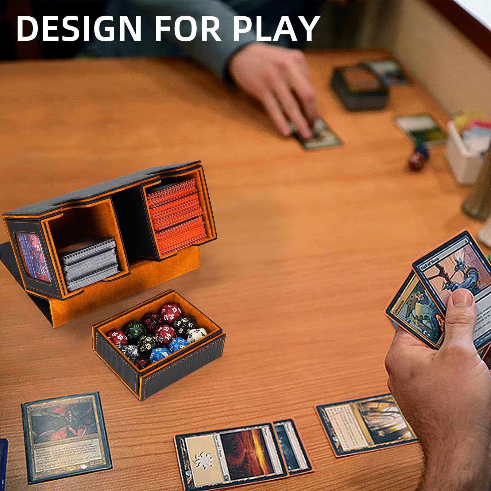 AFIING Pudełko na talię MTG Commander 200 kart magnetyczna obudowa 3-w-1 czarny pomarańczowy