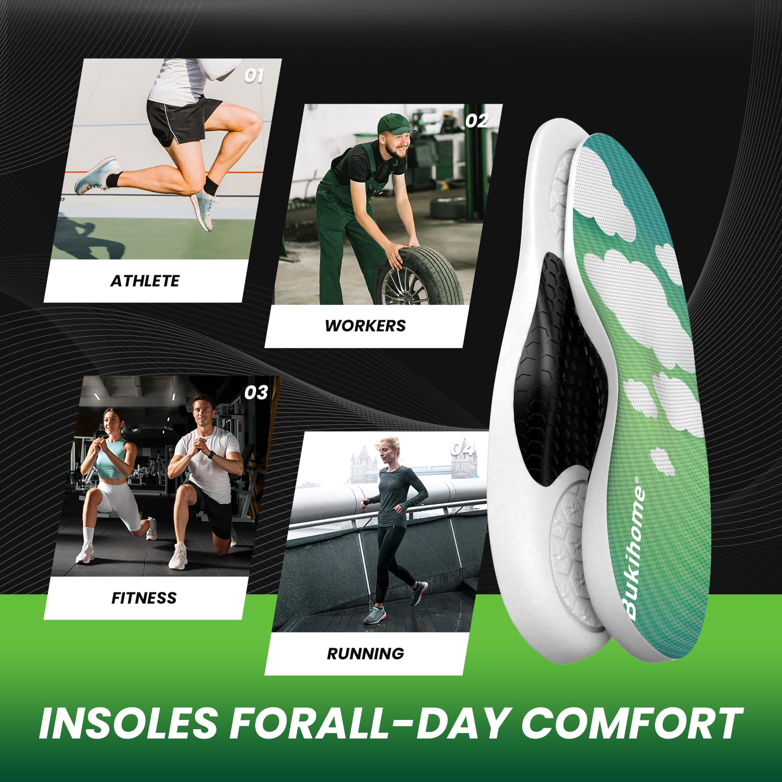 Bukihome Plantillas deportivas profesionales para correr y baloncesto, plantillas ligeras con absorción de impactos, retorno de energía y soporte de arco, plantillas para mejorar el rendimiento para