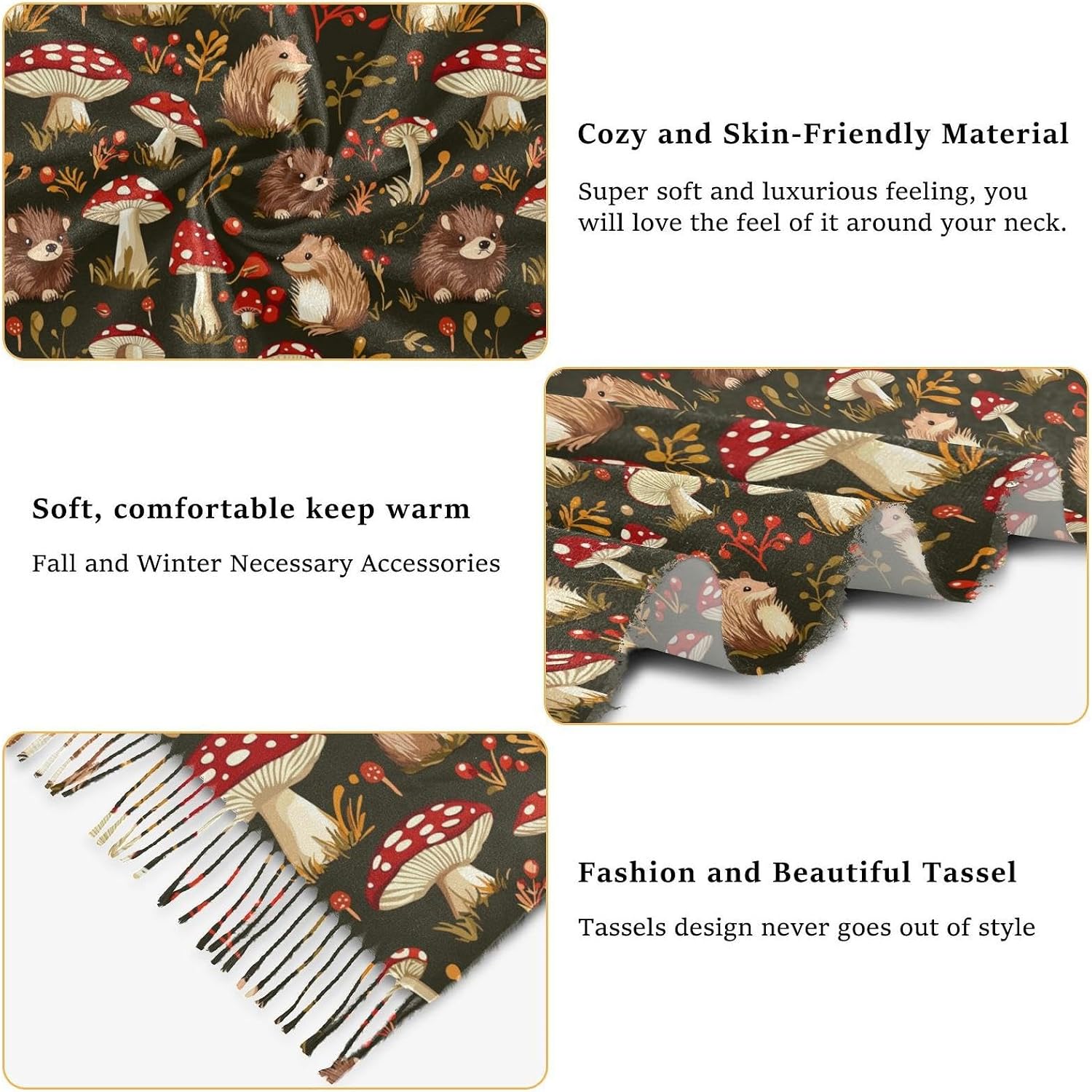 Winter Scarf for Women Red Mushrooms and Cute Hedgehogs Fashion Tassel Shawl Wraps for Women, Cold Weather Warm Womens Scarves Soft Long Scarf