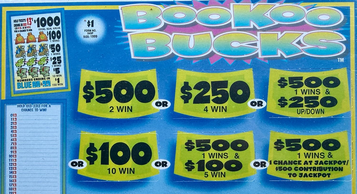 Bookoo Bucks $1,000 Bingo Pull Tab Game, Seal Card Red 13s