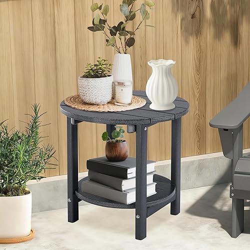 Miniatura 242 de LZRS Mesa auxiliar para exteriores, mesa auxiliar ovalada Adirondack doble con almacenamiento de 2 niveles, mesas auxiliares de HDPE para patio