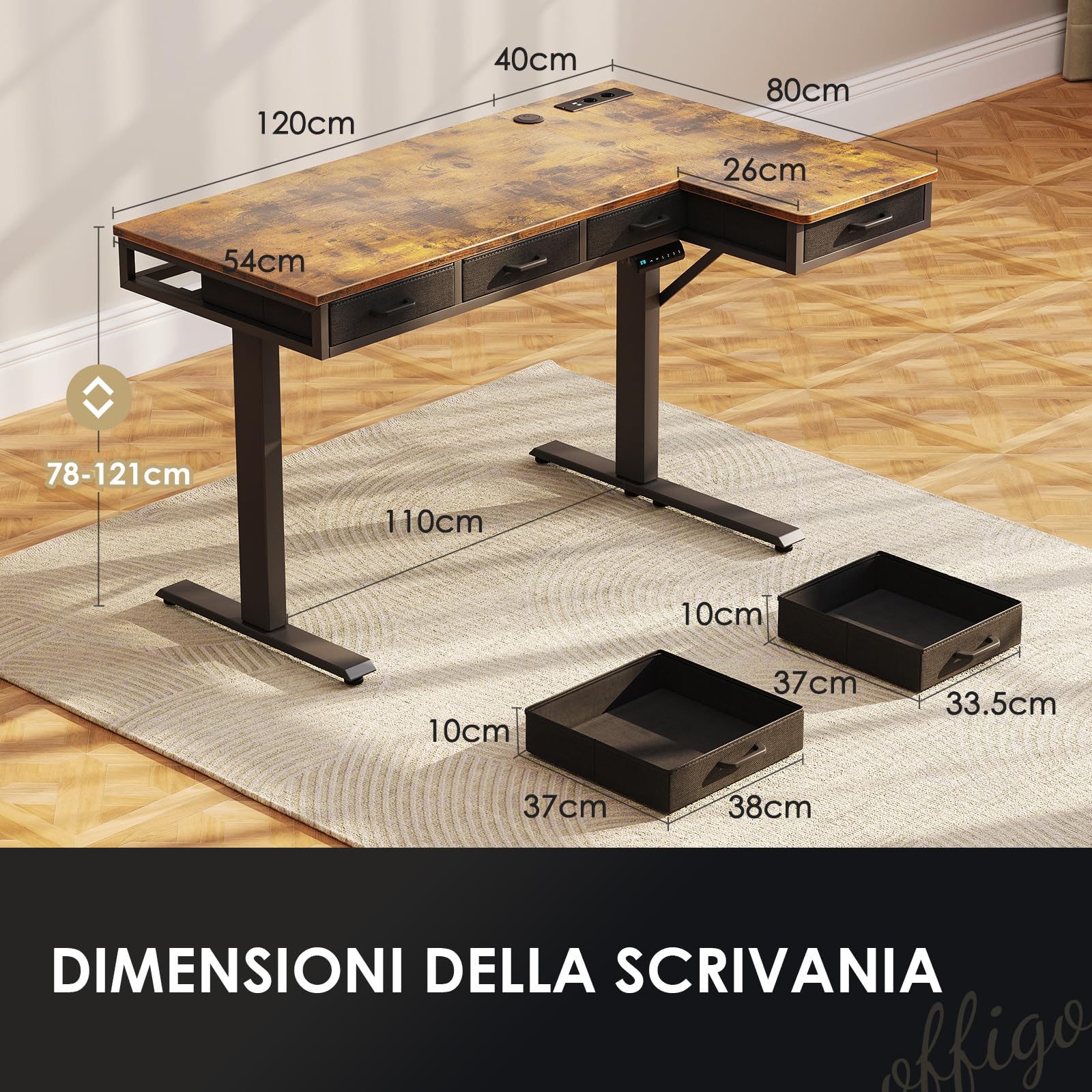 OffiGo Scrivania Angolo Regolabile in Altezza con Cassetti, 140cm, Marrone | Scrivania Angolare Regolabile con Presa per di ricarica USB, Standing Desk a L per Ufficio e Studio, porta Canalina Nascosta