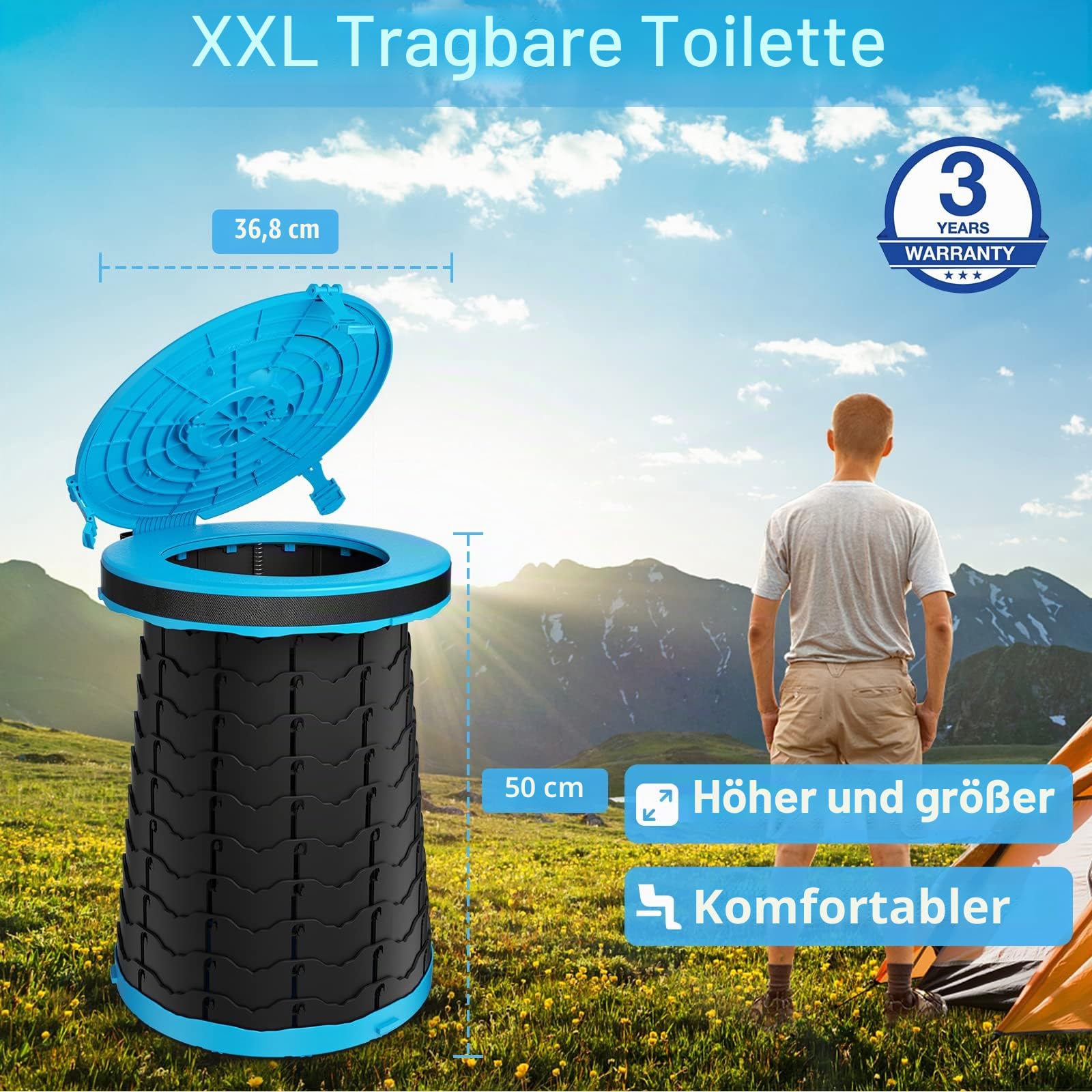 Panmout XXL Trenntoilette - 19.7"H verstellbare faltbare Campingtoilette, Camping Toiletten mit Deckel, Gurt und Toilettenbeutel für Camping, Wandern, Reisen und Auto. (blue)