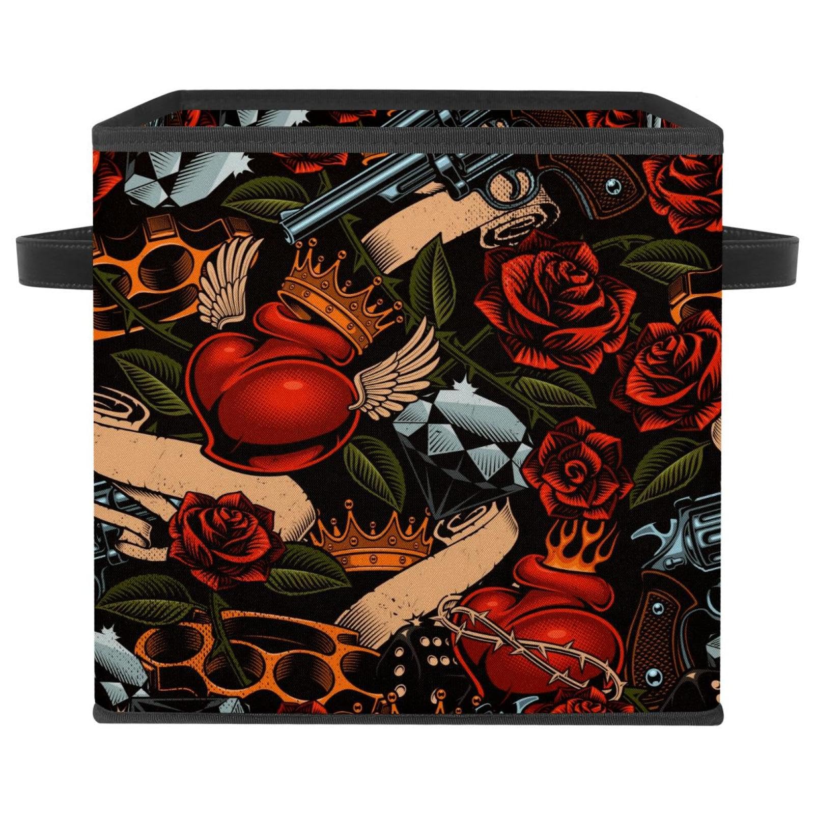 Boîte de rangement cube pliable pour armoire maison bac tissu avec poignées motif tattoo rose